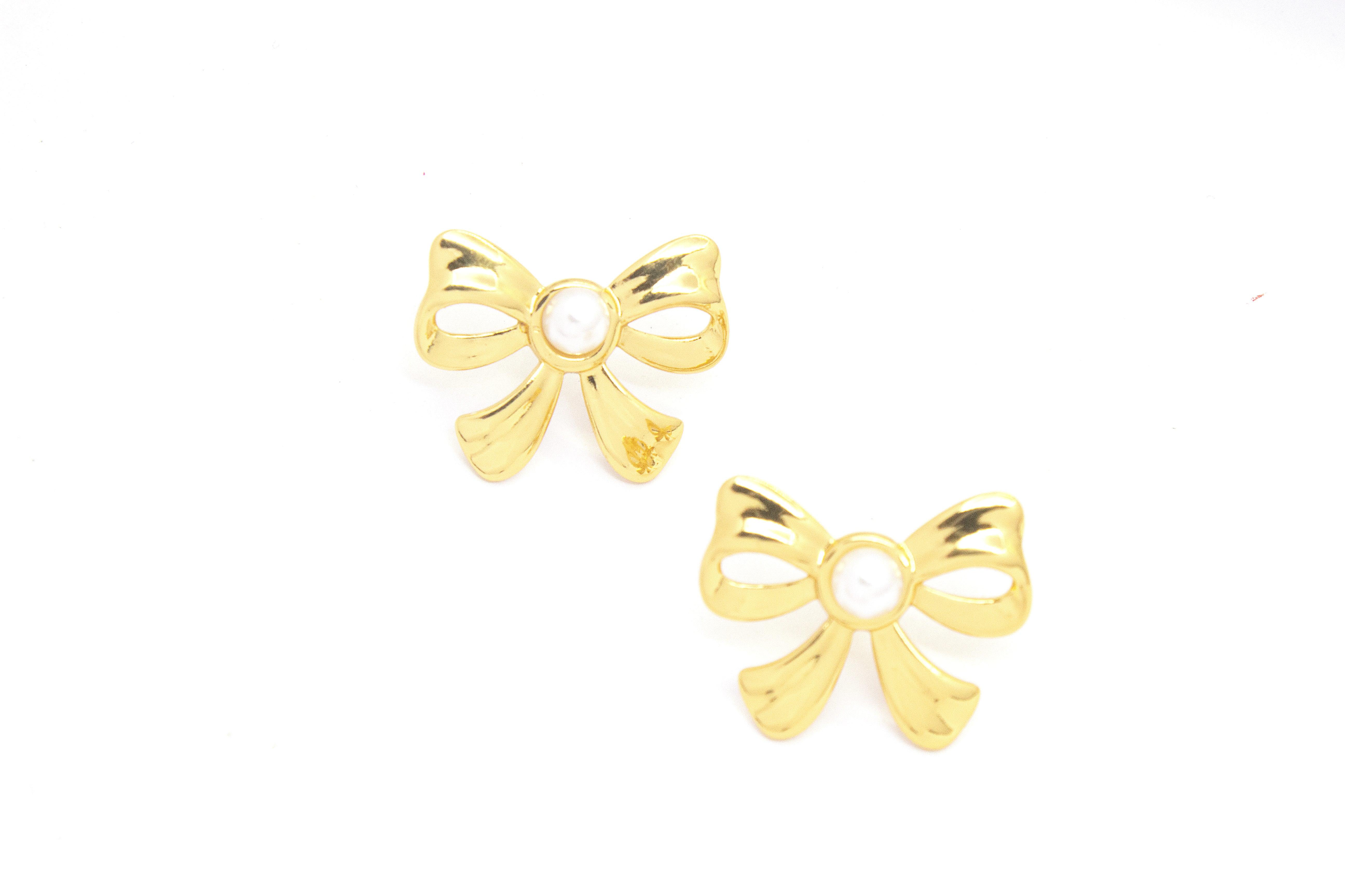 GOLD PEARL BOW STUD EARRINGS