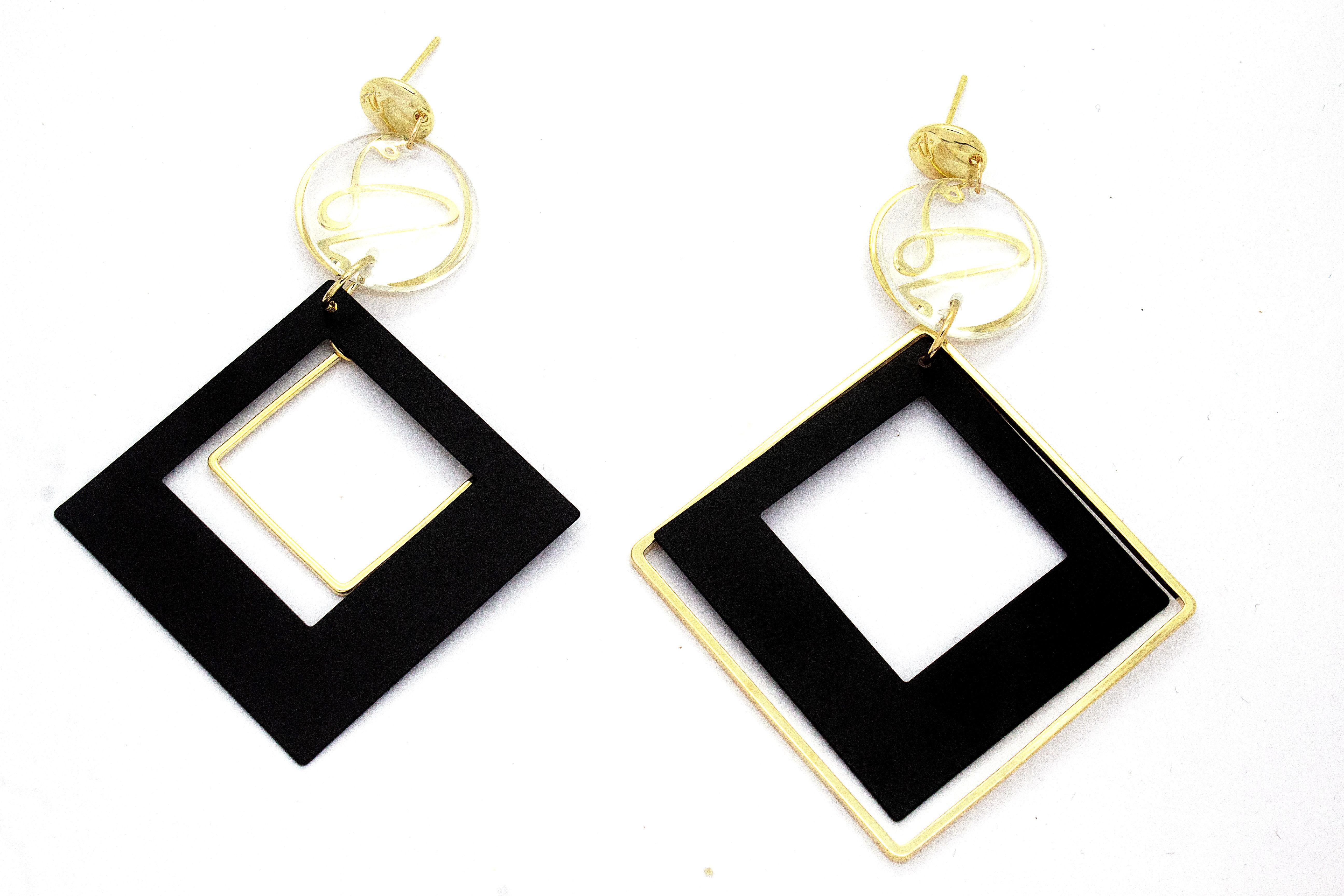 GEOMETRIC DROP EARRINGS – BLACK & GOLD ABSTRACT STATEMENT DESIGN
