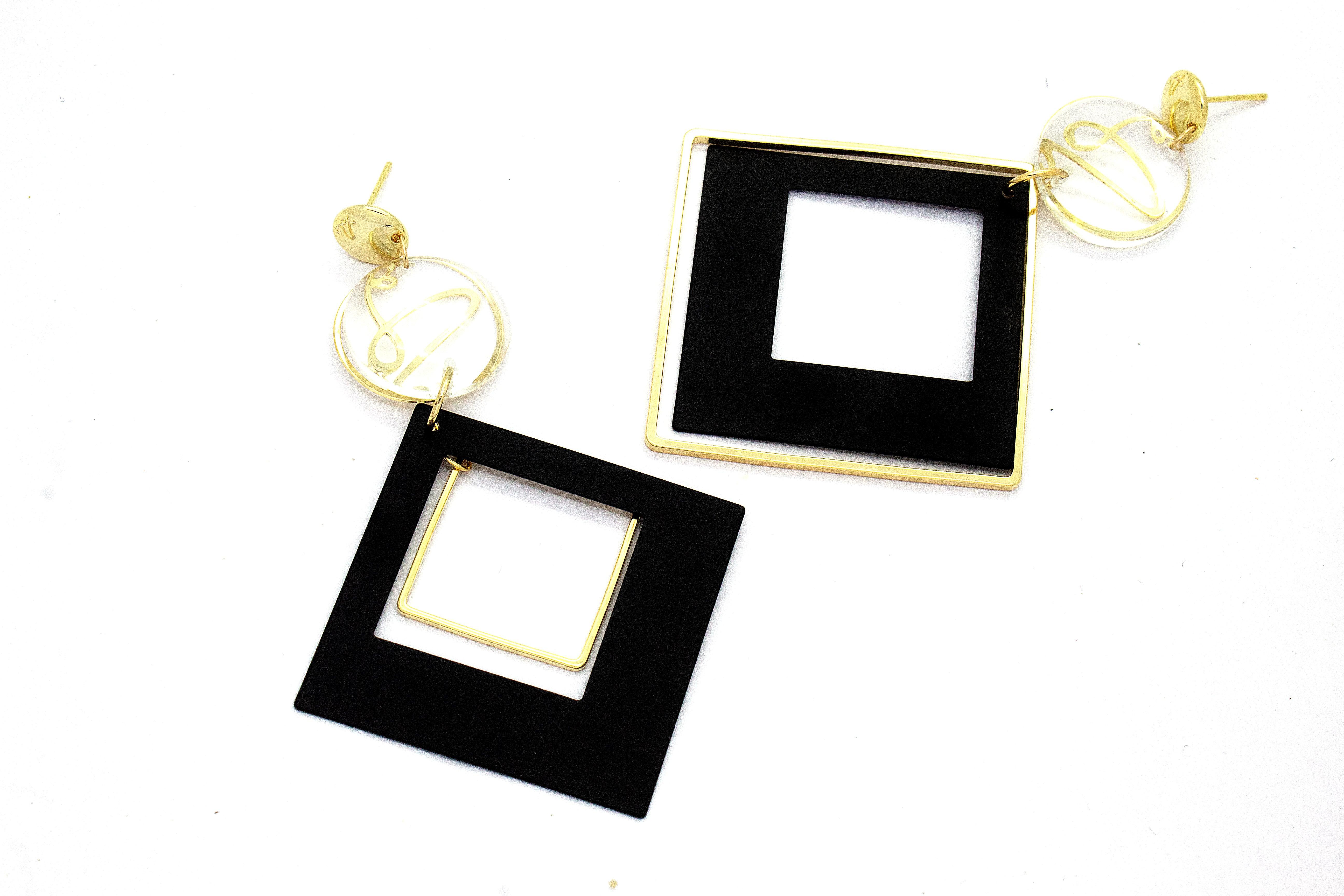 GEOMETRIC DROP EARRINGS – BLACK & GOLD ABSTRACT STATEMENT DESIGN