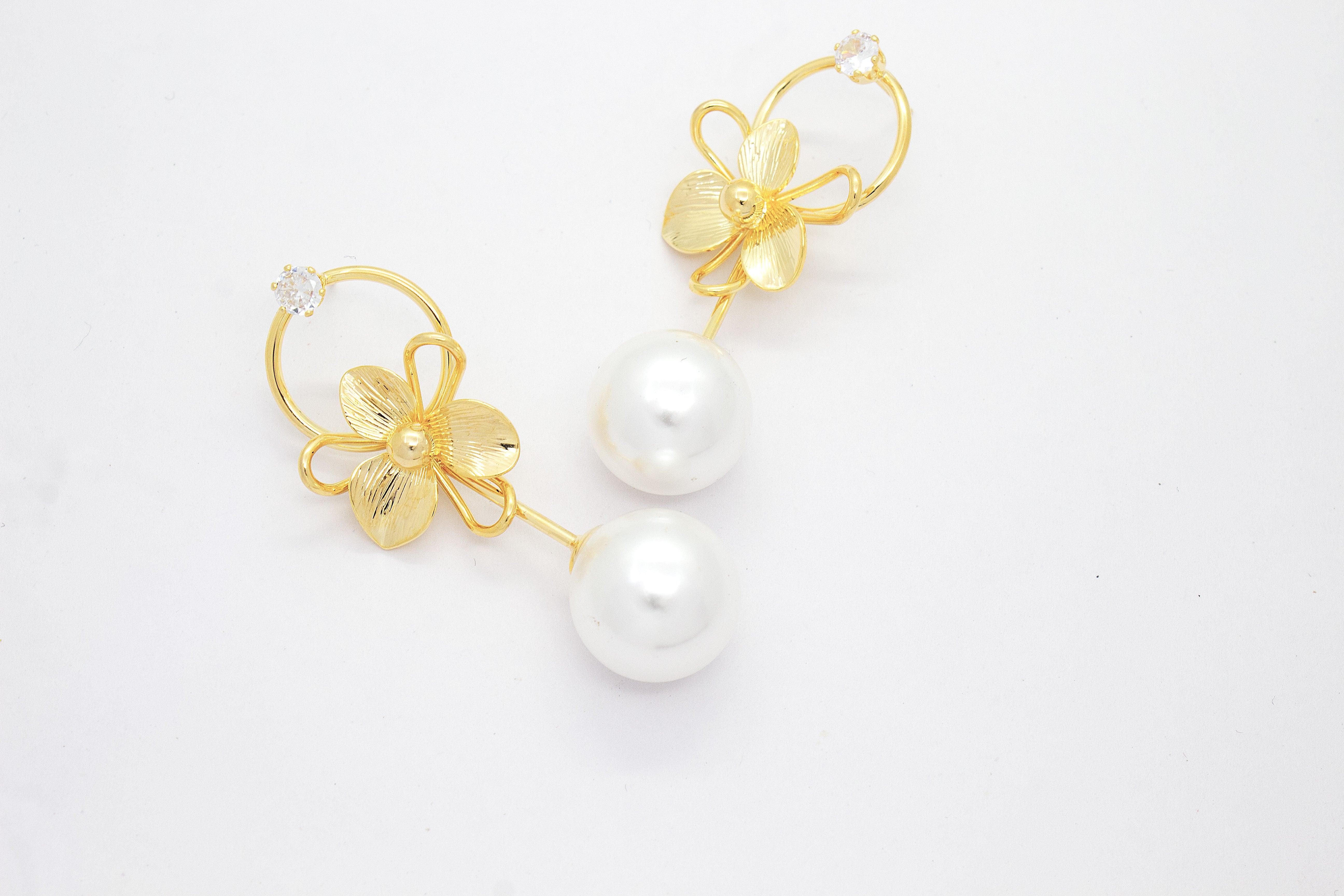BLOOM DROP EARRINGS – GOLD FLORAL STUD WITH TWIN PEARLS