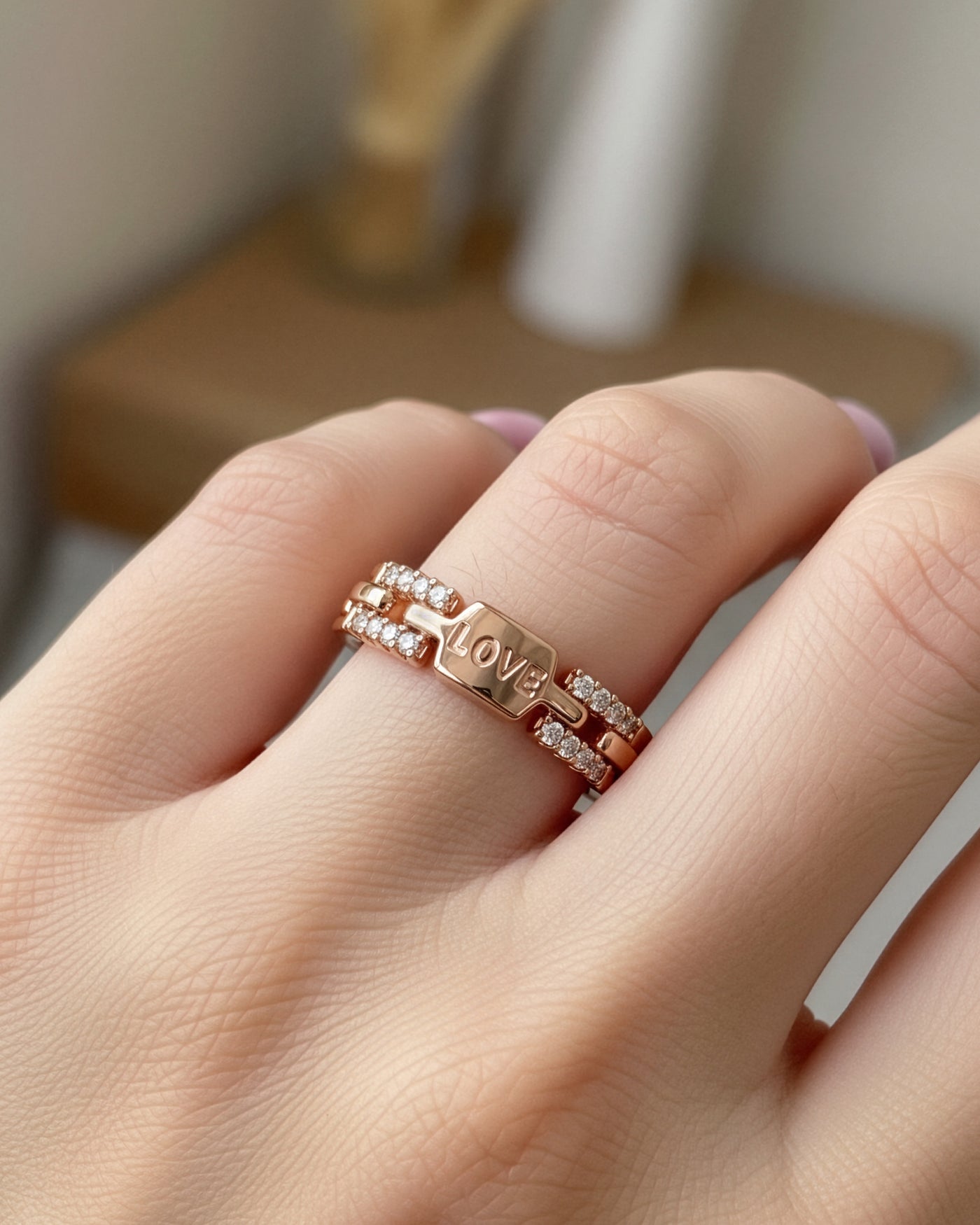 Love Engraved Crystal Open Ring