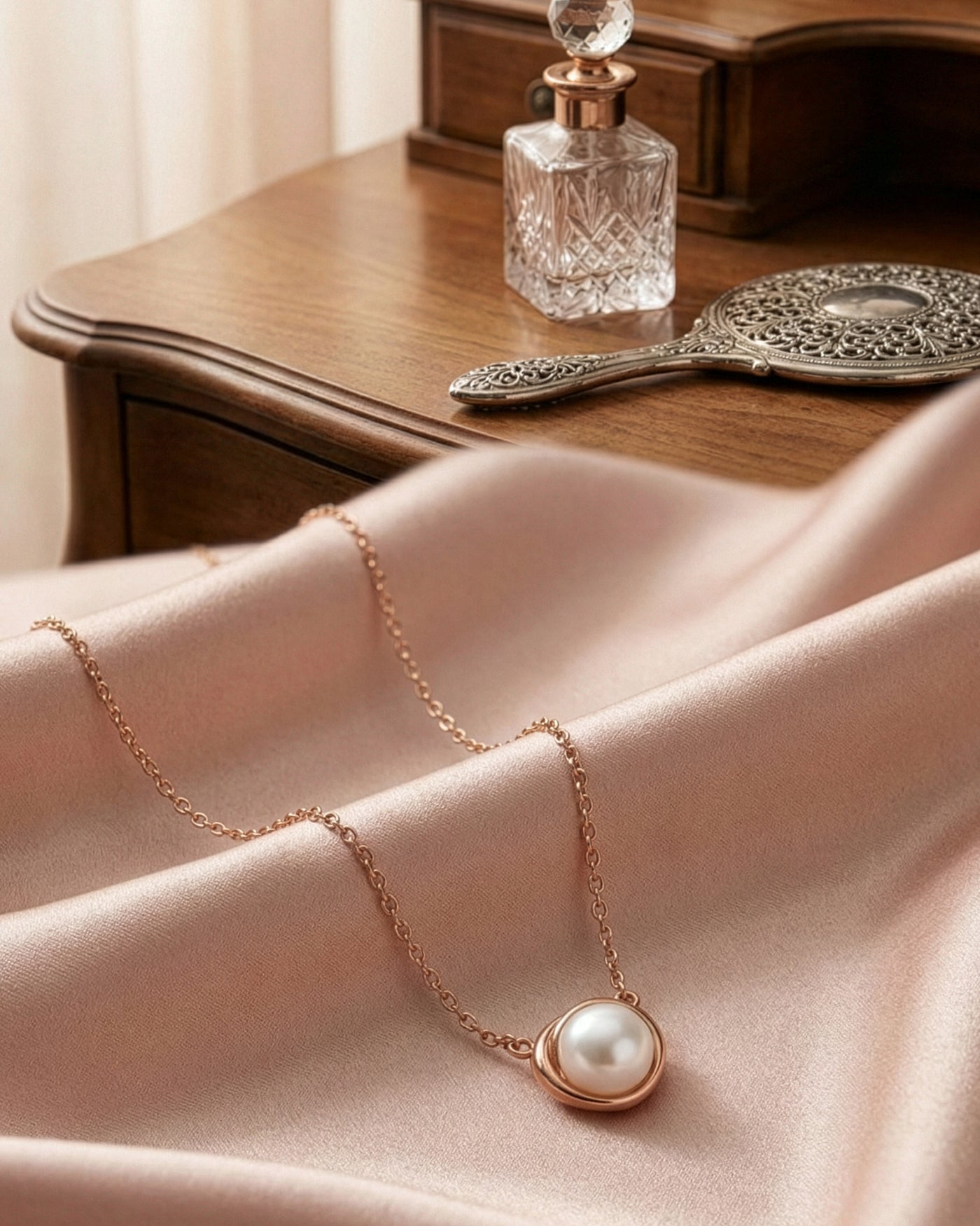 Rose Gold Pearl Orbit Pendant Chain
